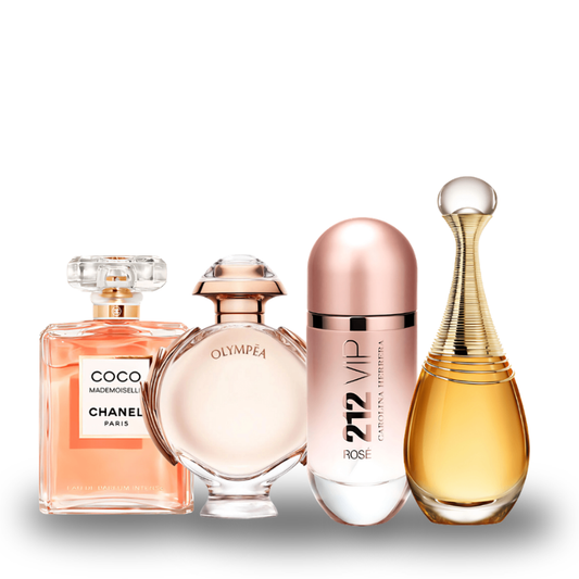 Combo de 4 perfumes Carolina Herrera 212 VIP ROSÉ, Paco Rabanne OLYMPÉA, Chanel COCO MADEMOISELLE e Dior J'ADORE