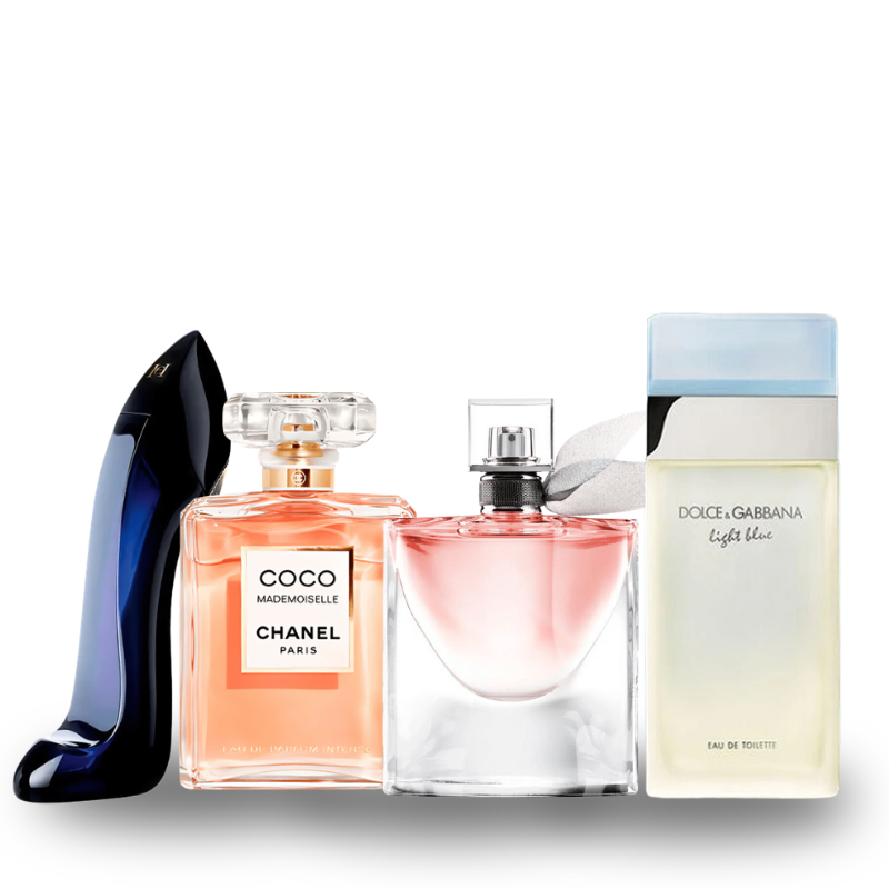 Combo de 4 perfumes Carolina Herrera GOOD GIRL, Chanel COCO MADEMOISELLE, Lancôme LA VIE EST BELLE e Dolce Gabanna LIGHT BLUE 100ml